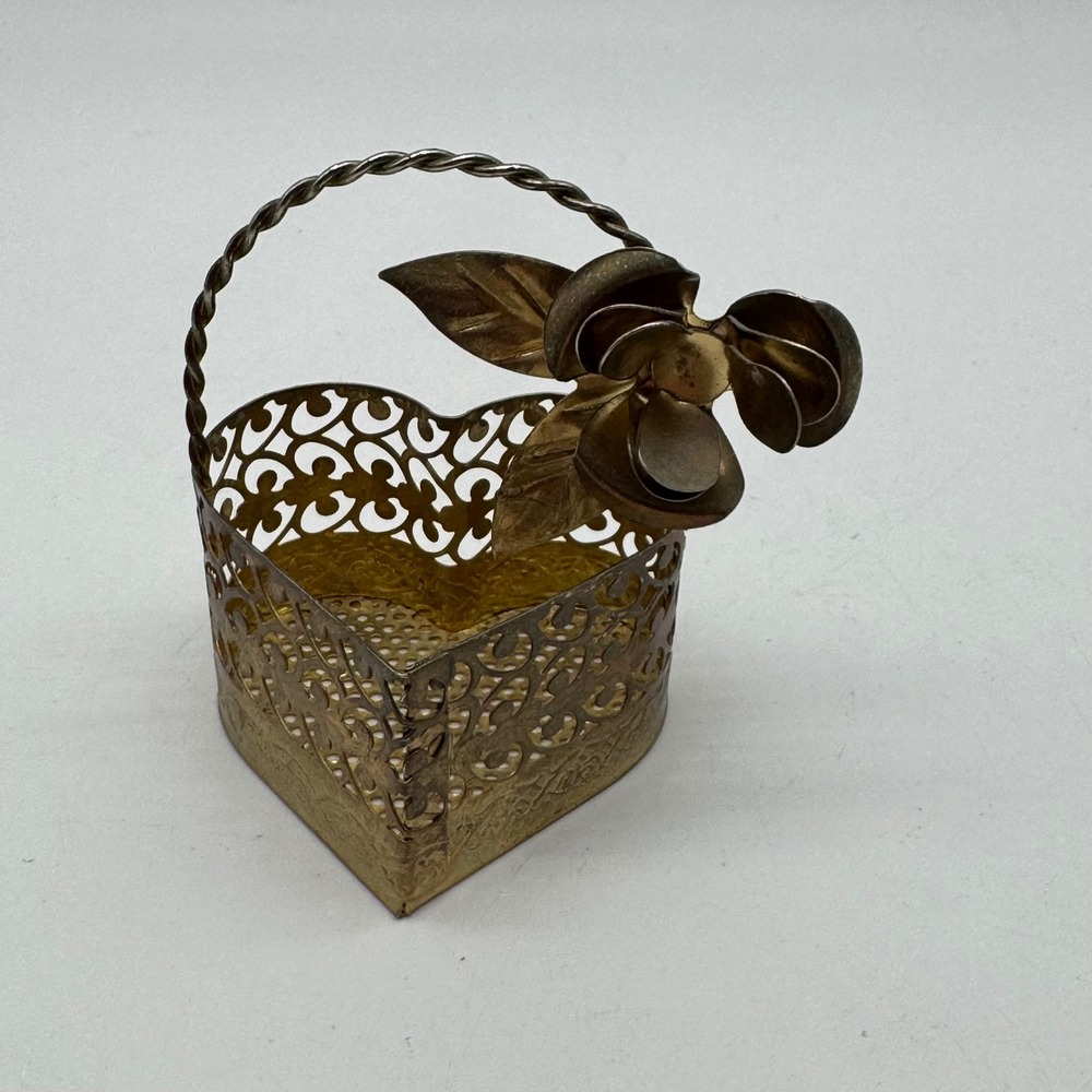 Vintage Hollywood Regency Gold Metal Filigree Heart Basket Rose Vanity Trinket